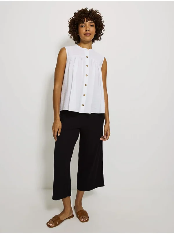 White Button Through Gathered Crinkle Blouse
